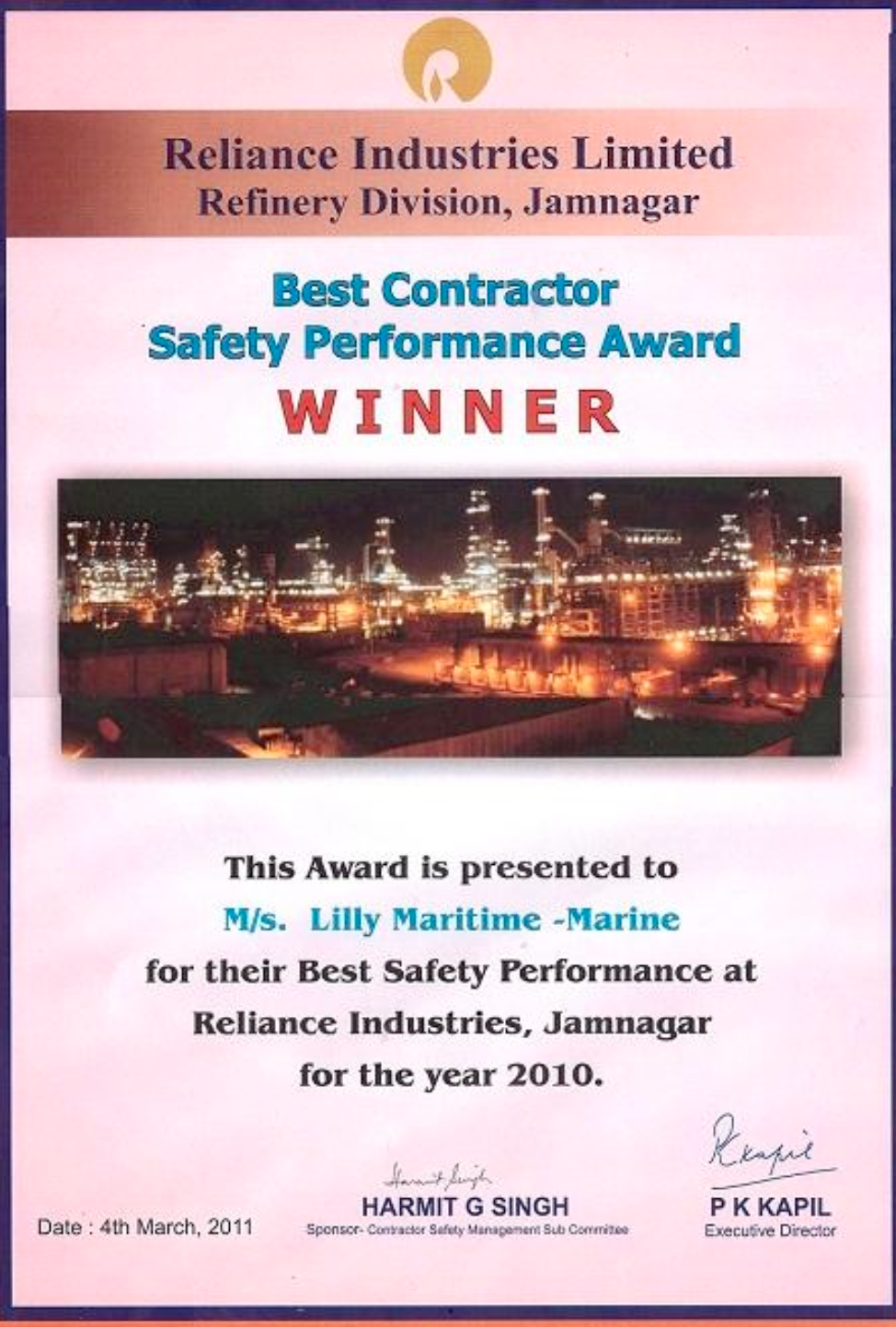 Best Contractor Safety Performance Award - WINNER